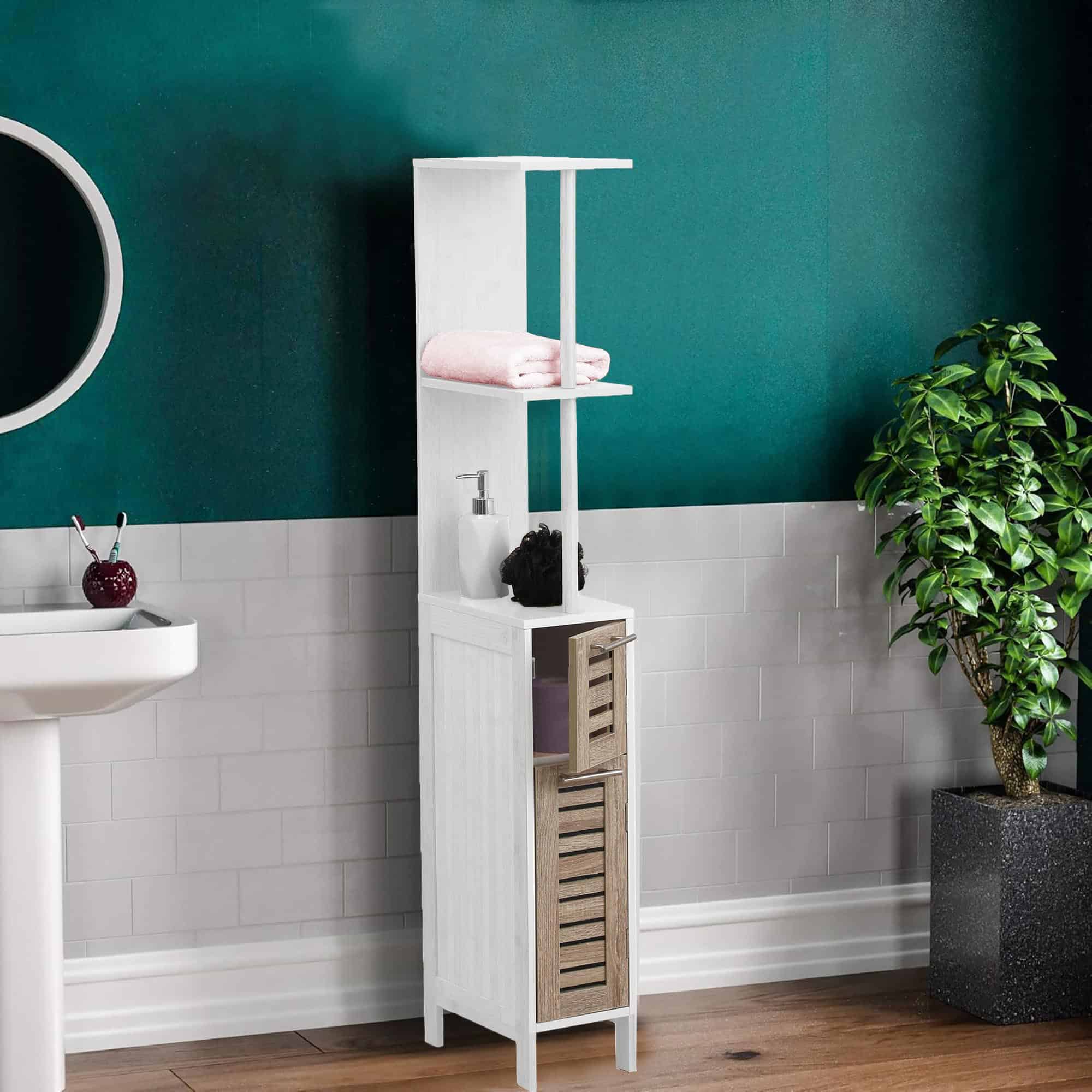 Bathroom setup featuring the slim cabinet and functional decor: A slim bathroom cabinet with open shelves and vented doors, styled with towels and accessories, placed against a teal wall in a modern bathroom setting.