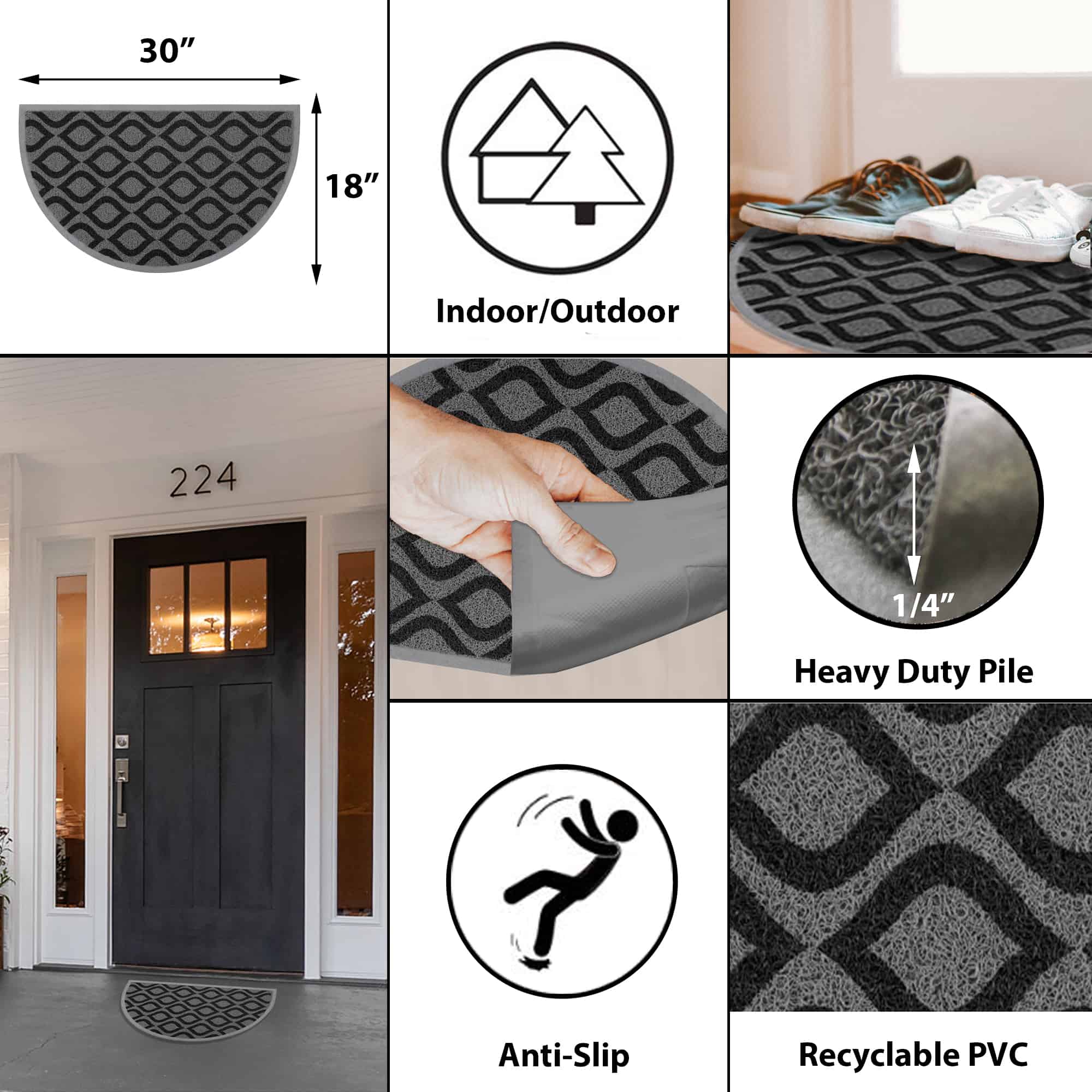 Evideco Semi-Circle Geometric Design Door Mat 30 x 18 Gray and Black, PVC Non-Slip Backing