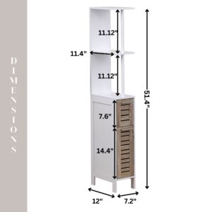 Detailed dimensions view of slim bathroom storage cabinet: An illustration showing the dimensions and compartment sizes of the slim bathroom cabinet, highlighting storage space and shelf measurements.