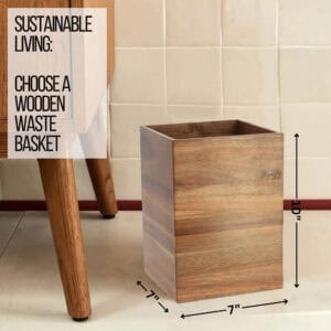 A wooden waste basket with dimensions (7" x 7" x 10").