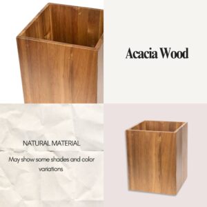 A close-up of the wooden waste basket showcasing its natural grain and color variations.