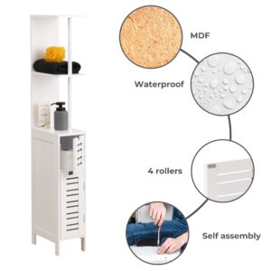Freestanding cabinet material highlights, including durable MDF construction, waterproof finish, and easy assembly instructions.