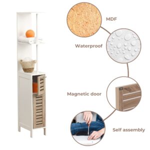 Storage features of bathroom cabinet with magnetic door: Infographic showcasing the slim cabinet’s storage details, including magnetic doors, waterproof MDF material, and assembly benefits.