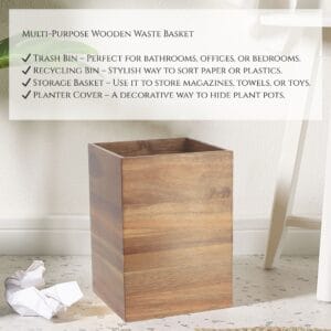 A waste basket placed in a home setting with text highlighting its use for trash, recycling, storage, or as a planter cover.
