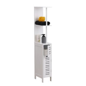 Slim white cabinet combining open and closed storage options with a side view, illustrating its compact footprint and elegant design.