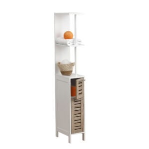 Sleek bathroom organizer with vented doors and multiple shelves: A stylish white bathroom organizer with open shelving on top and vented doors below, designed for modern spaces.