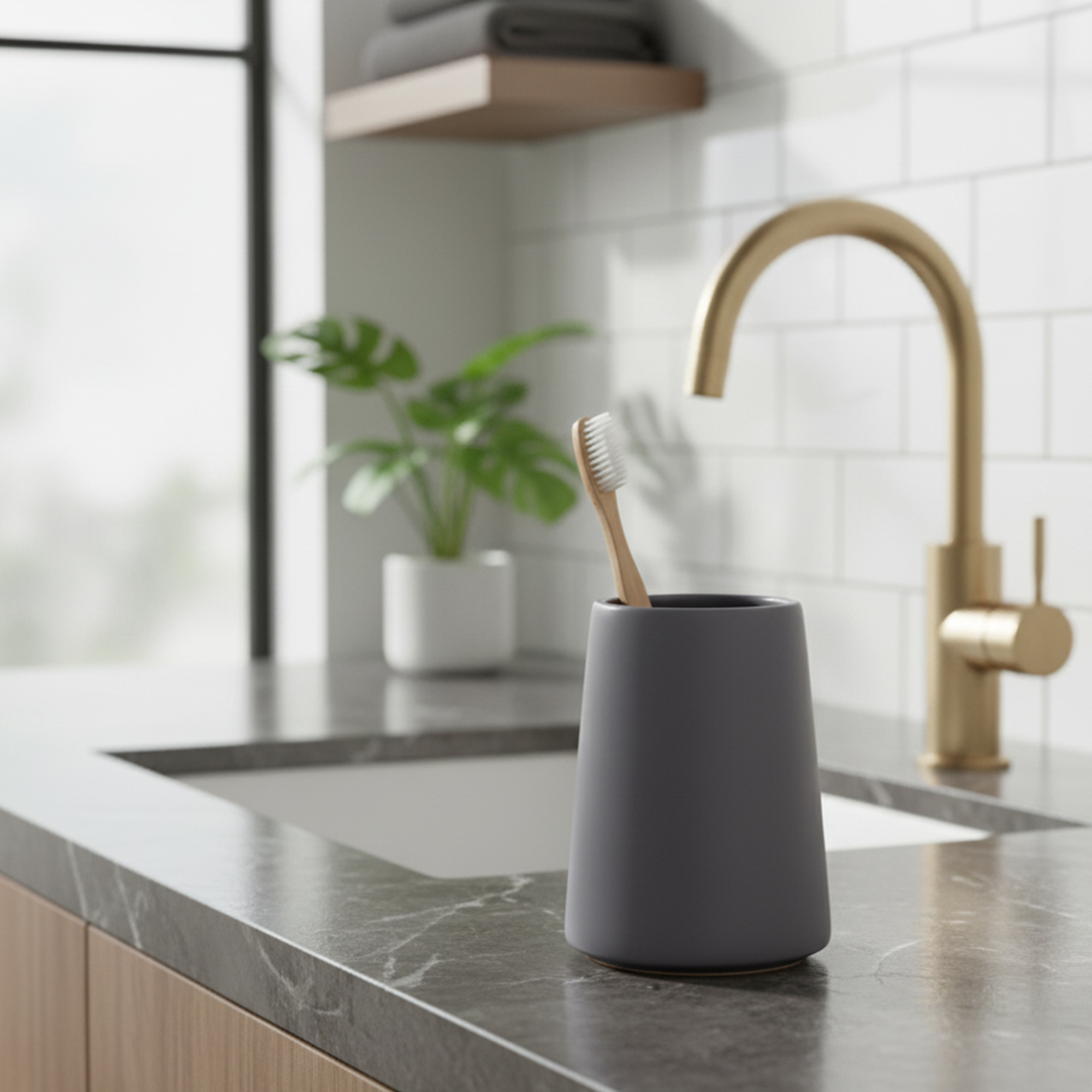 Gray bathroom tumbler toothbrush holder on modern vanity