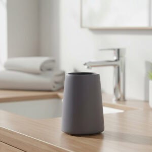 Gray stoneware tumbler on wooden countertop near sink