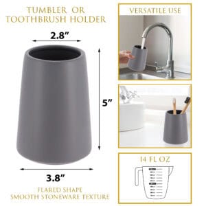 Gray tumbler toothbrush holder with size and capacity details