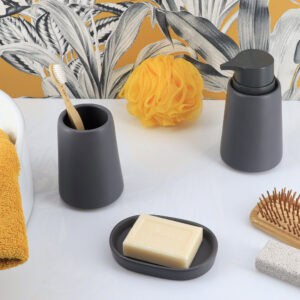 Matching gray bathroom accessories set with soap dish dispenser