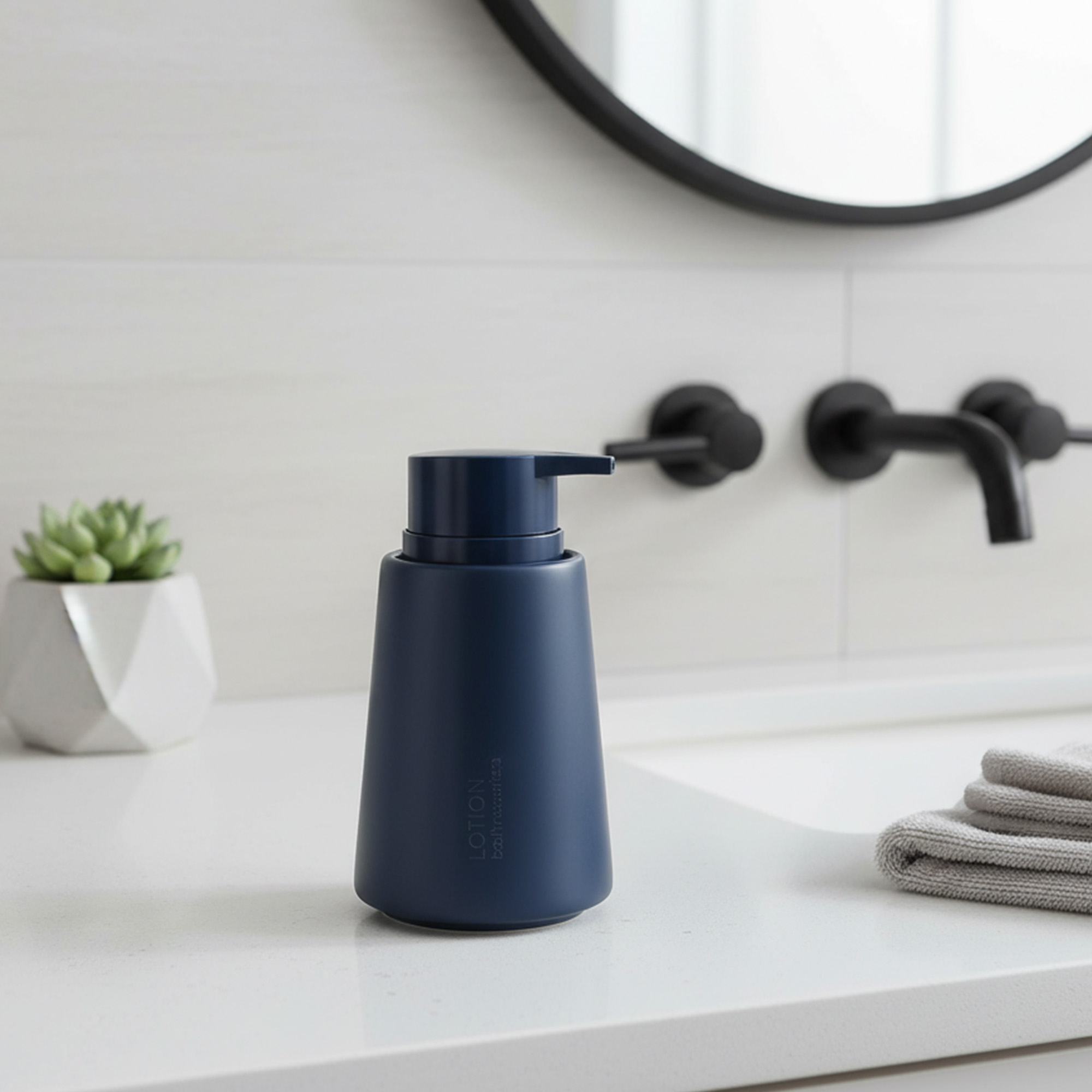 Navy blue stoneware soap dispenser with pump on a modern bathroom sink countertop