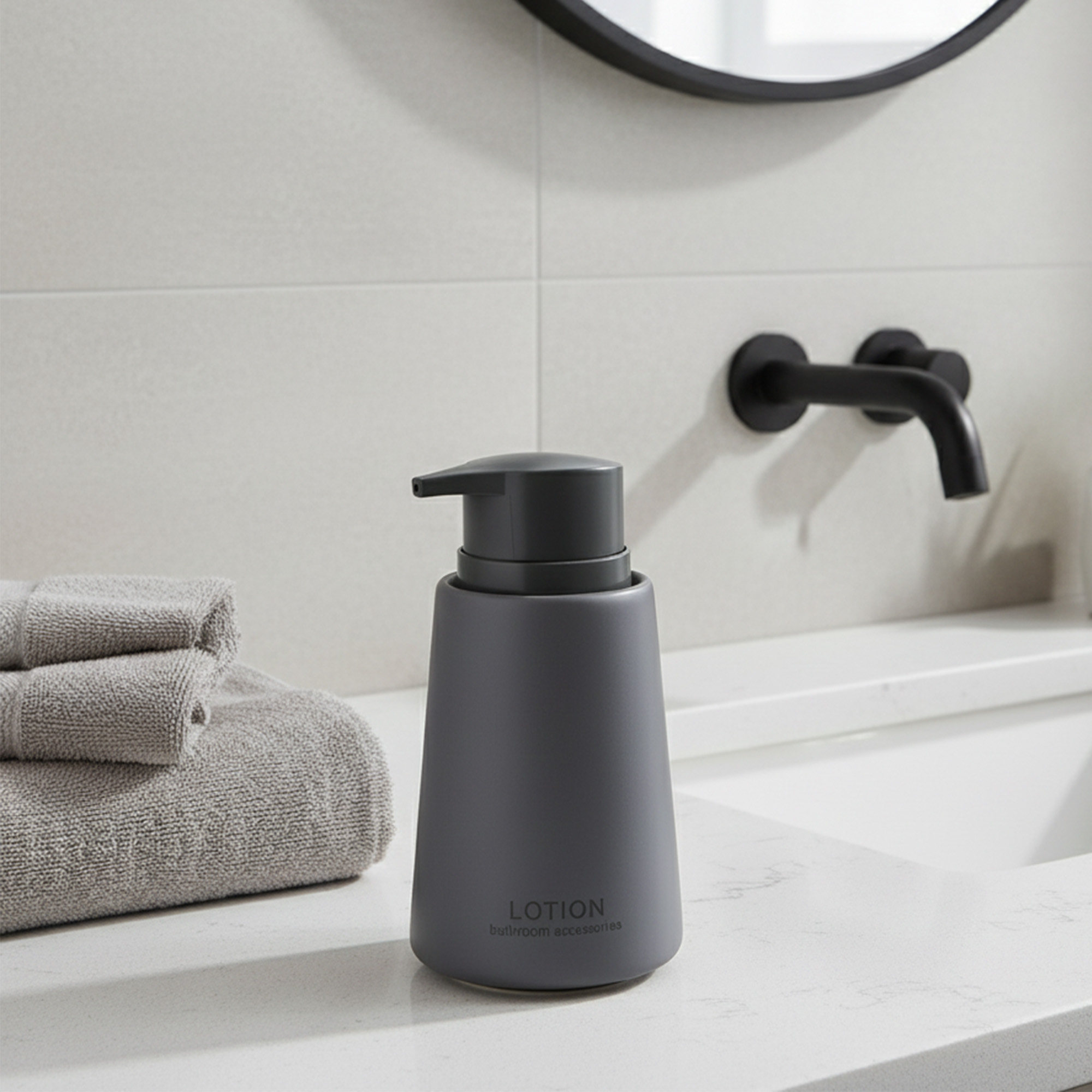 Gray stoneware soap dispenser with pump on a modern bathroom sink countertop