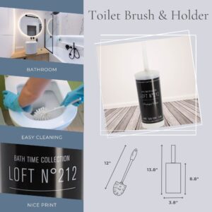 "Product features showing bathroom use, easy cleaning, and brush dimensions"
