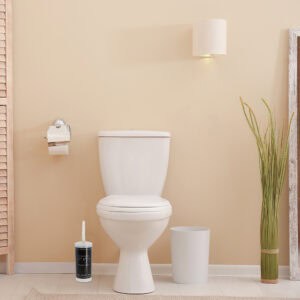 "Loft No. 212 toilet brush beside white toilet in beige bathroom"