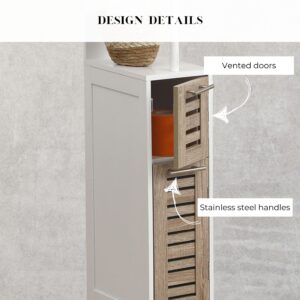 Vented door and stainless steel handle close-up view: Close-up of the slim cabinet’s vented door with wood-like accents and a sleek stainless steel handle, emphasizing its premium finish.