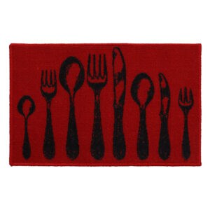 Red Wool-Style Kitchen Rug with Cutlery Print
