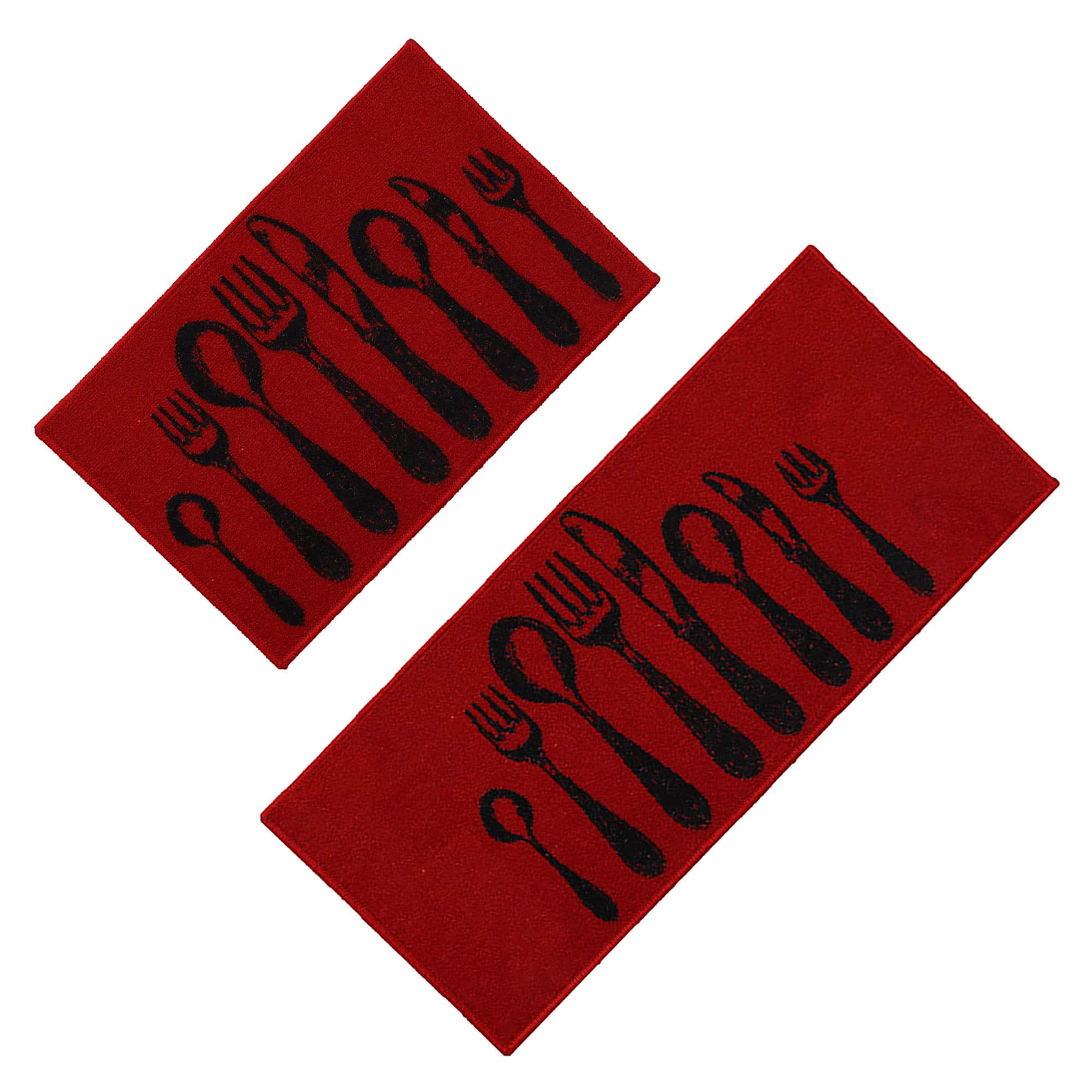 Set of 2 Red Kitchen Mats with Cutlery Print