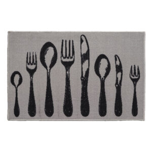 Gray Wool-Style Kitchen Rug with Cutlery Print