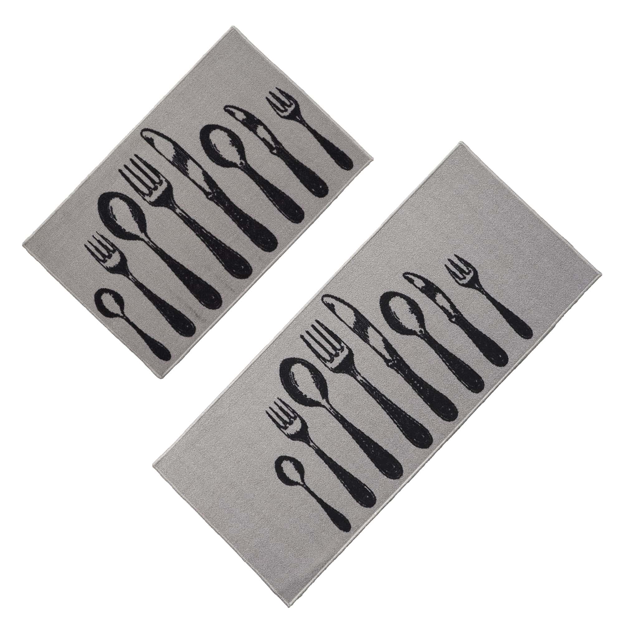 Set of 2 Gray Kitchen Rugs with Cutlery Print
