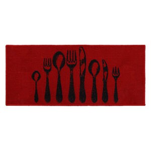 Long Kitchen Mat with Cutlery Print in red