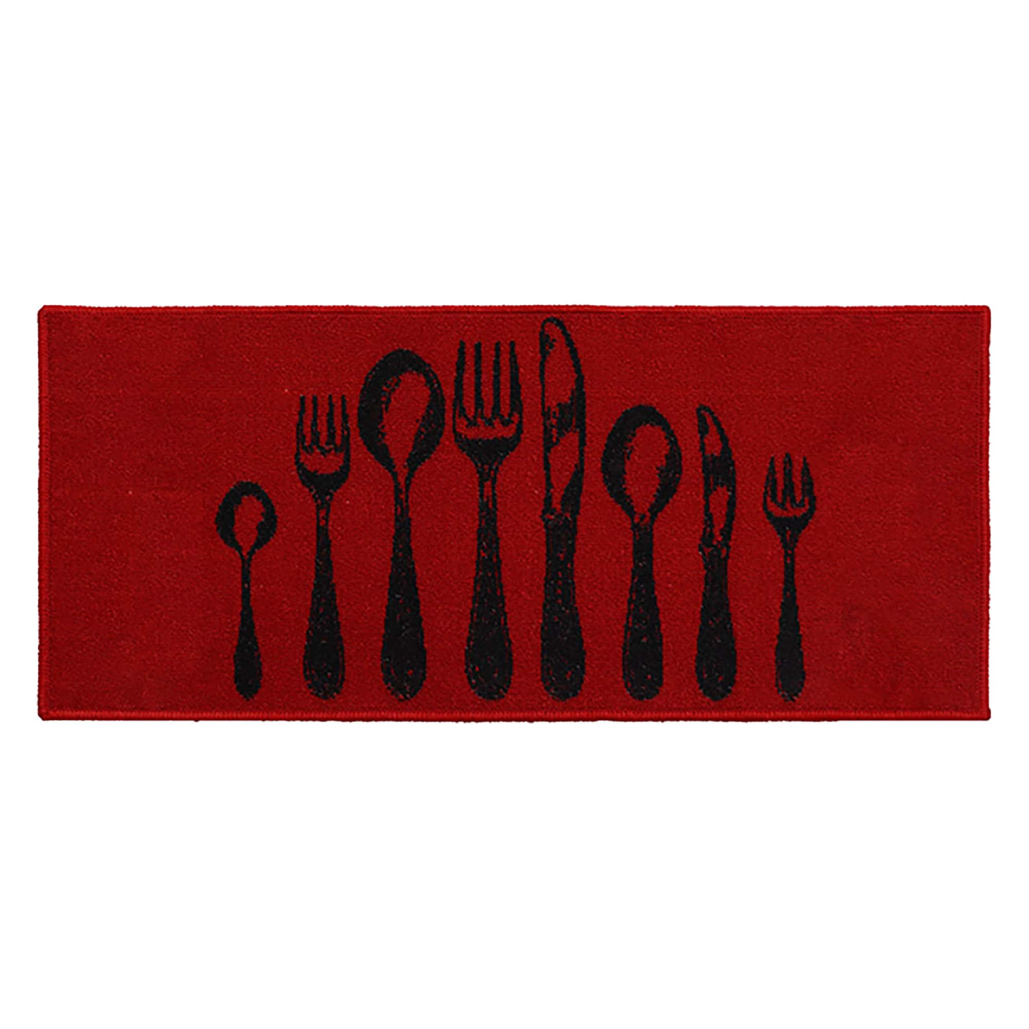 Long Kitchen Mat with Cutlery Print in red