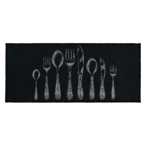Black Long Kitchen Mat with Cutlery Design
