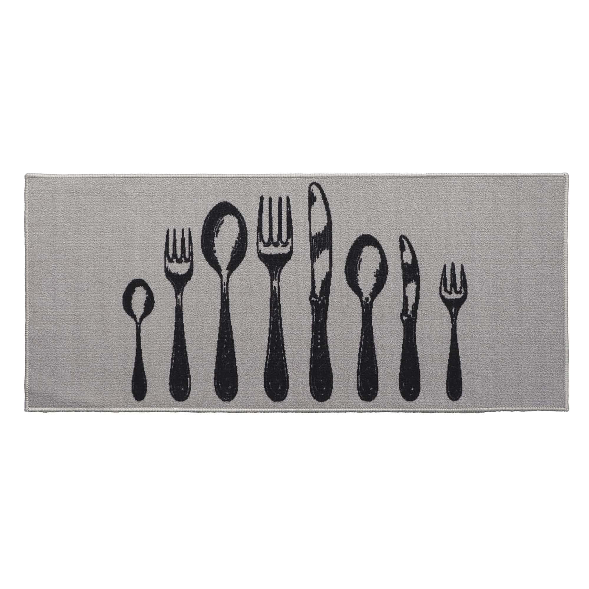 Long Kitchen Rug with Cutlery Pattern in gray