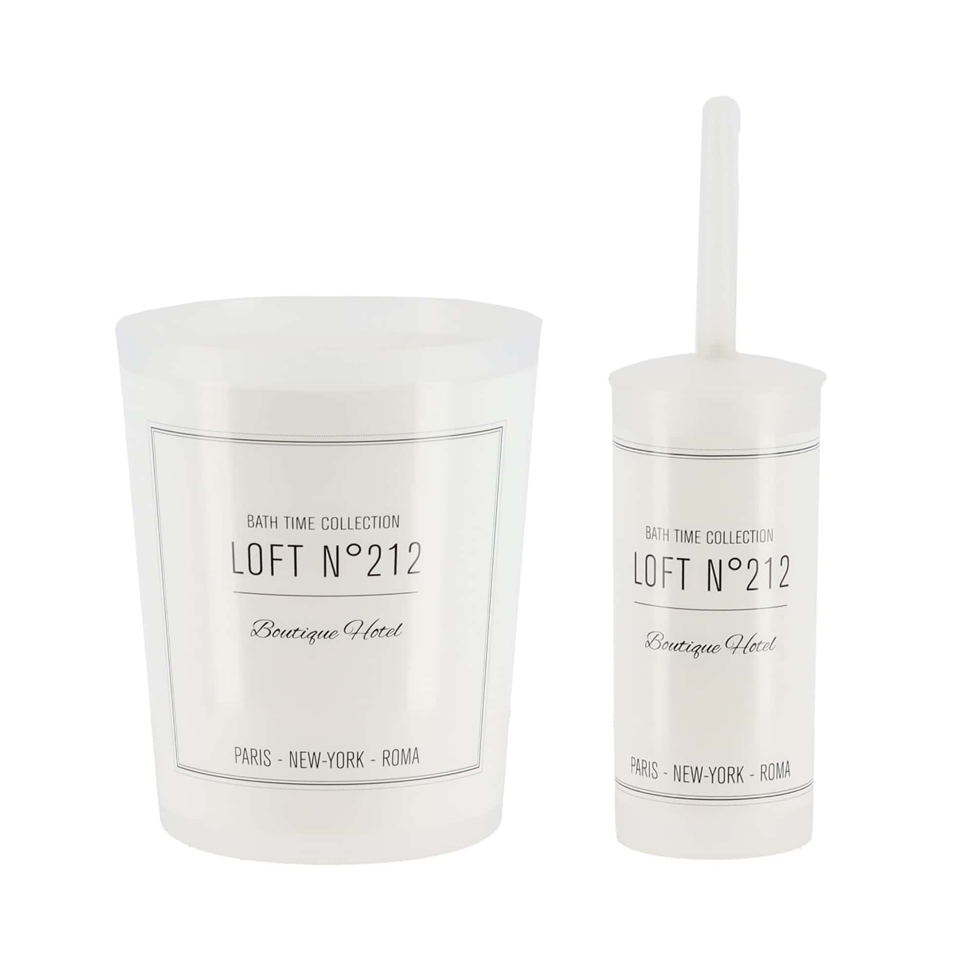 Set of White Plastic Trash Can and Toilet Brush