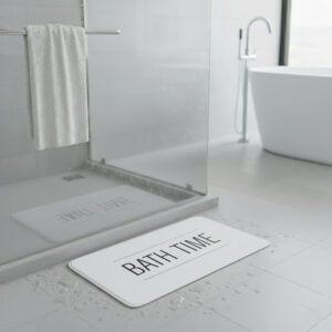 White bath mat with "BATH TIME" text on gray bathroom floor next to glass shower door