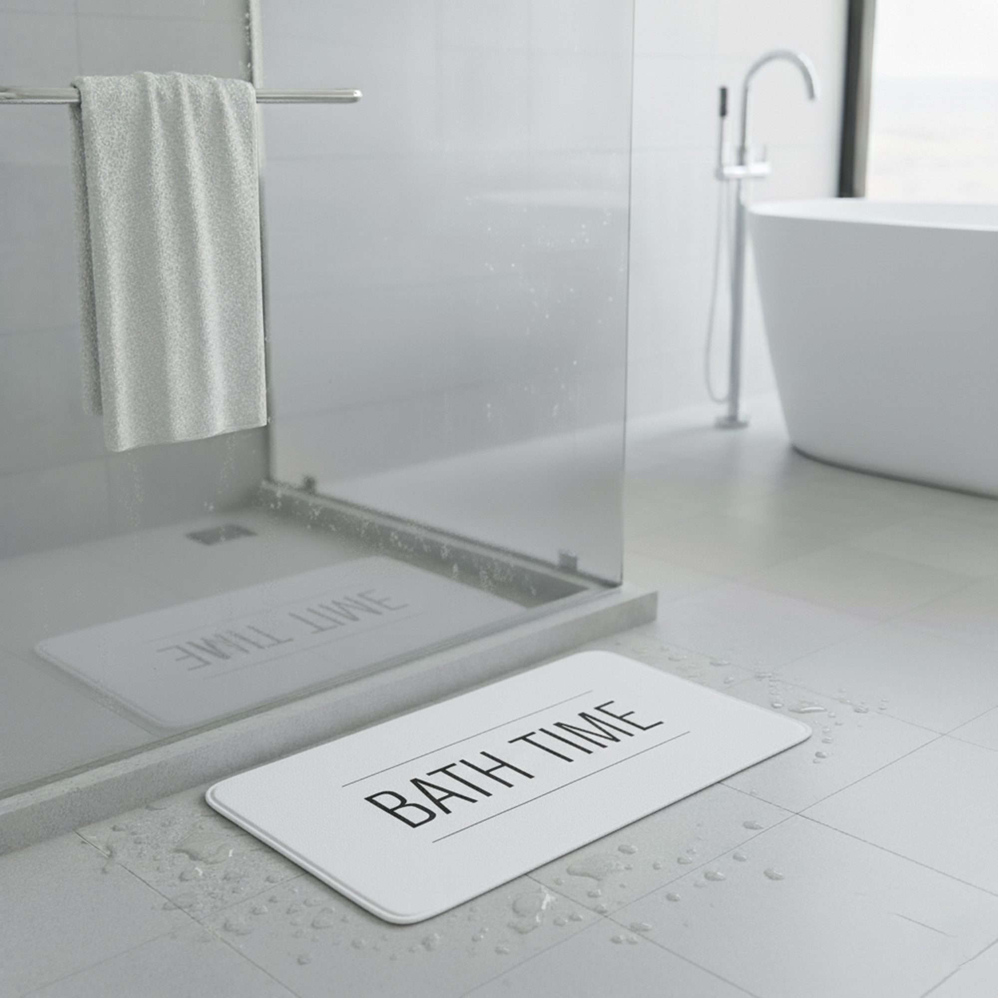 White bath mat with "BATH TIME" text on gray bathroom floor next to glass shower door