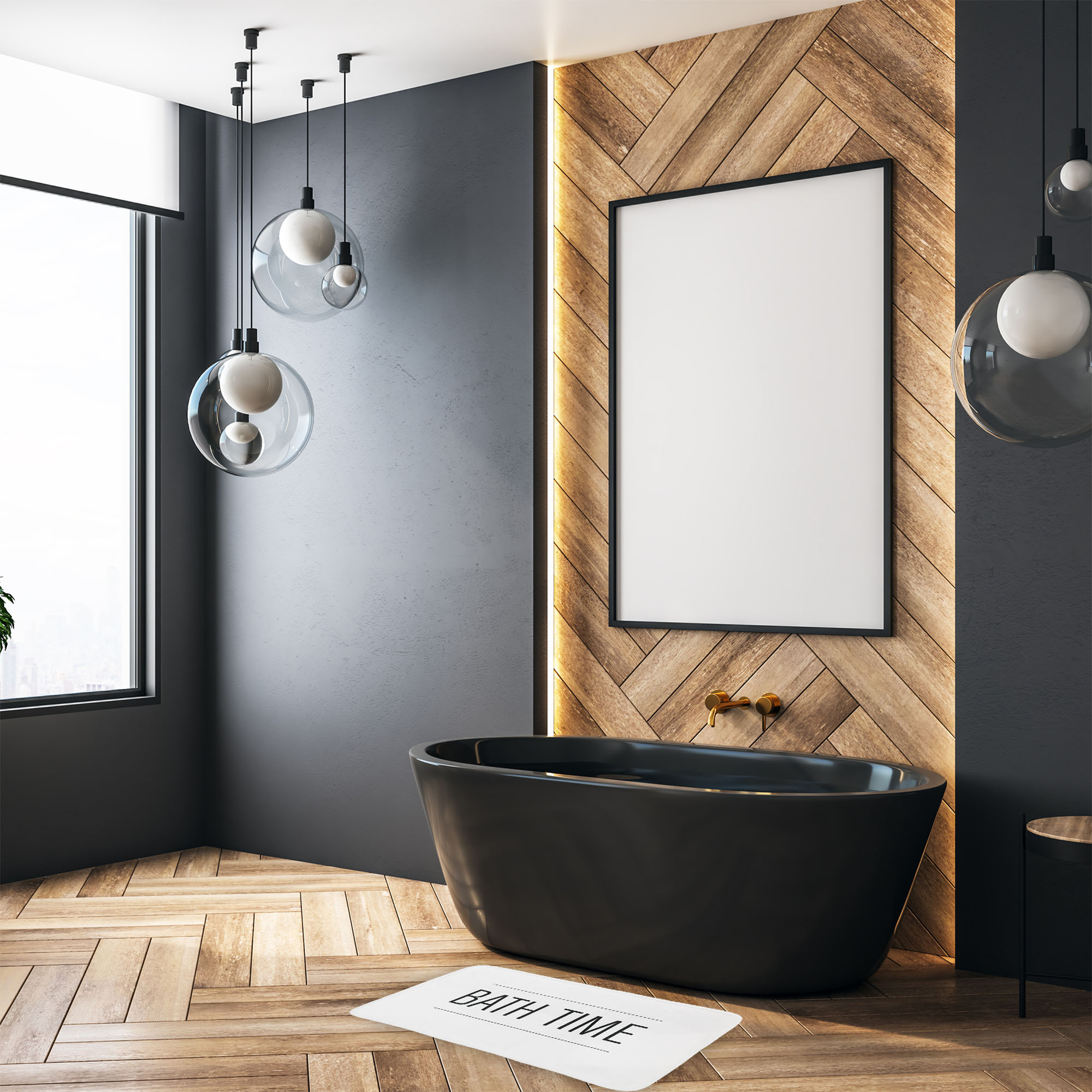 White bath mat with "BATH TIME" text in modern bathroom with black freestanding tub and wood accent wall