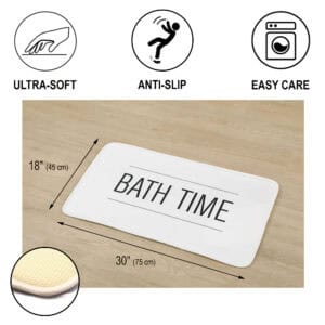 Product features diagram showing 30x18 inch bath mat dimensions with ultra-soft, anti-slip, and easy care icons