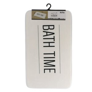 Packaged white bath mat with "BATH TIME" text displayed vertically on retail hanger