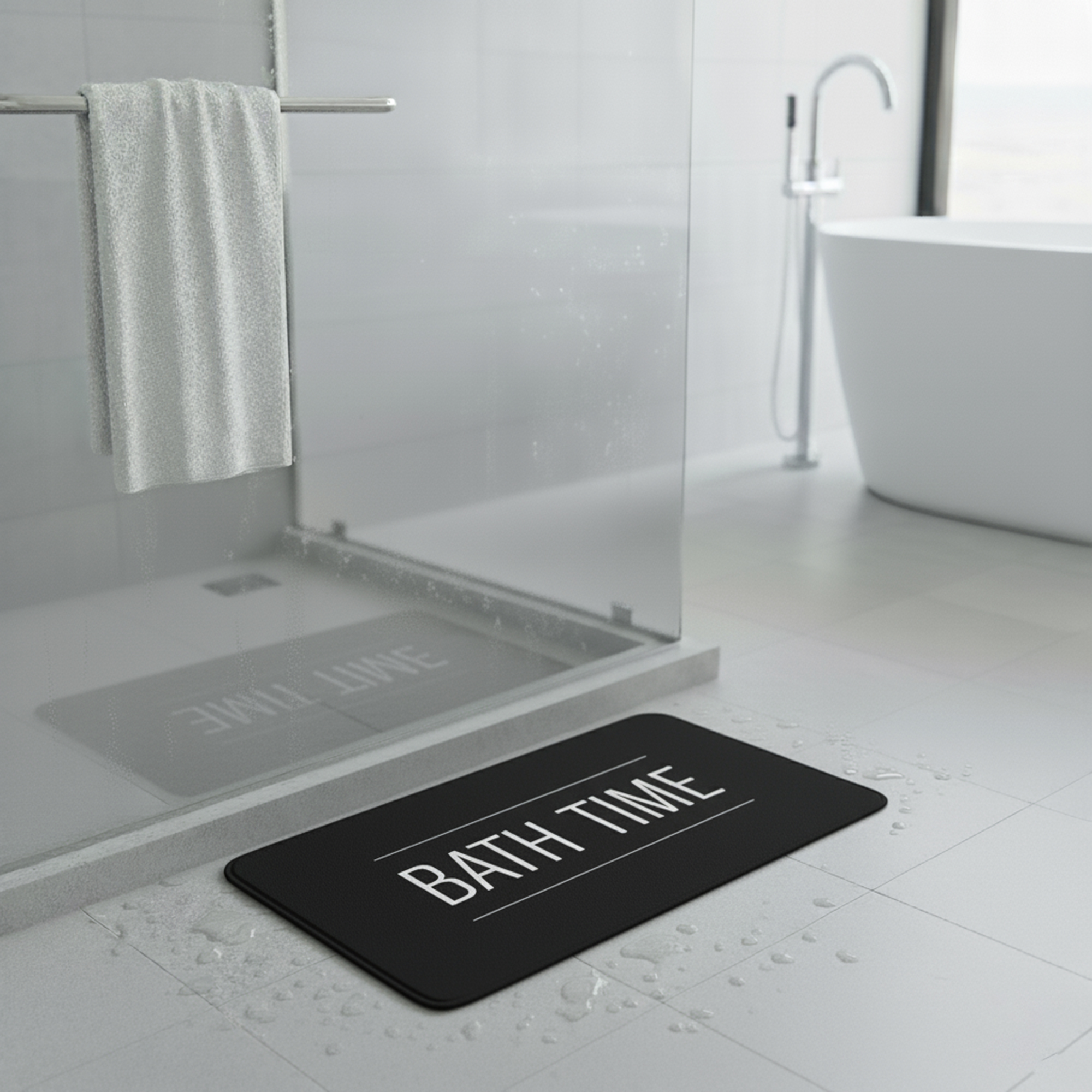 Black bath mat with white "BATH TIME" text on gray bathroom floor next to glass shower door