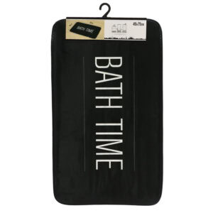 Packaged black bath mat with white "BATH TIME" text displayed vertically on retail hanger