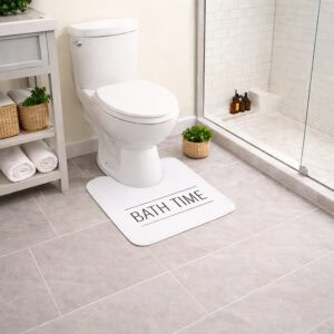 "White 'Bath Time' contour rug in front of toilet in white bathroom"