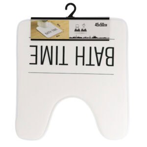 "White 'Bath Time' contour rug shown in packaging, displayed upside down"