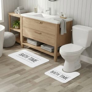 "White 'Bath Time' bath mat set displayed in modern bathroom with wood vanity"