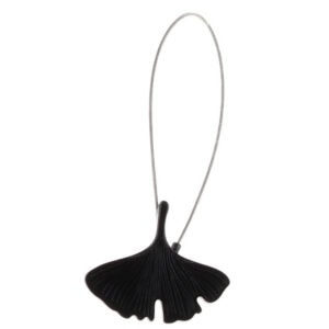 "Black metal ginkgo leaf magnetic curtain tieback with steel wire loop, isolated on white background"