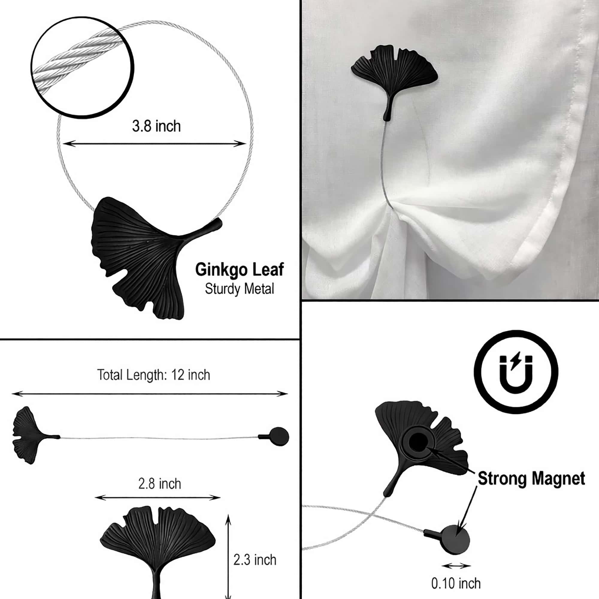 "Black ginkgo leaf curtain tieback dimensions and magnet detail: 2.8 inches wide, 2.3 inches tall, 12 inches total length"