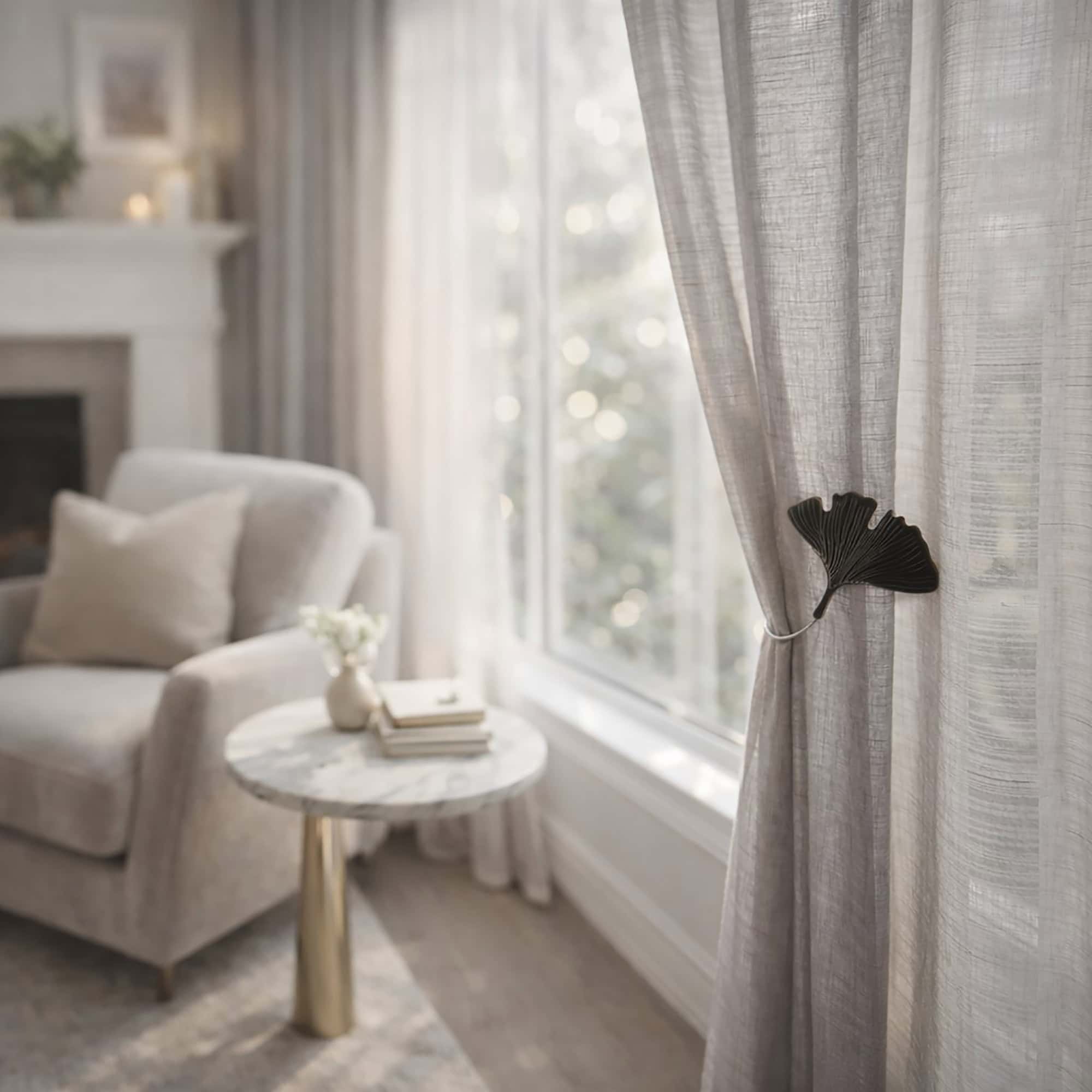 "Black ginkgo leaf magnetic curtain tieback on grey linen drapes in an elegant living room"