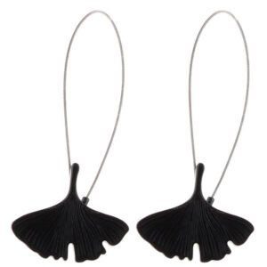 "Set of two black metal ginkgo leaf magnetic curtain tiebacks with steel wire loops, isolated on white background"