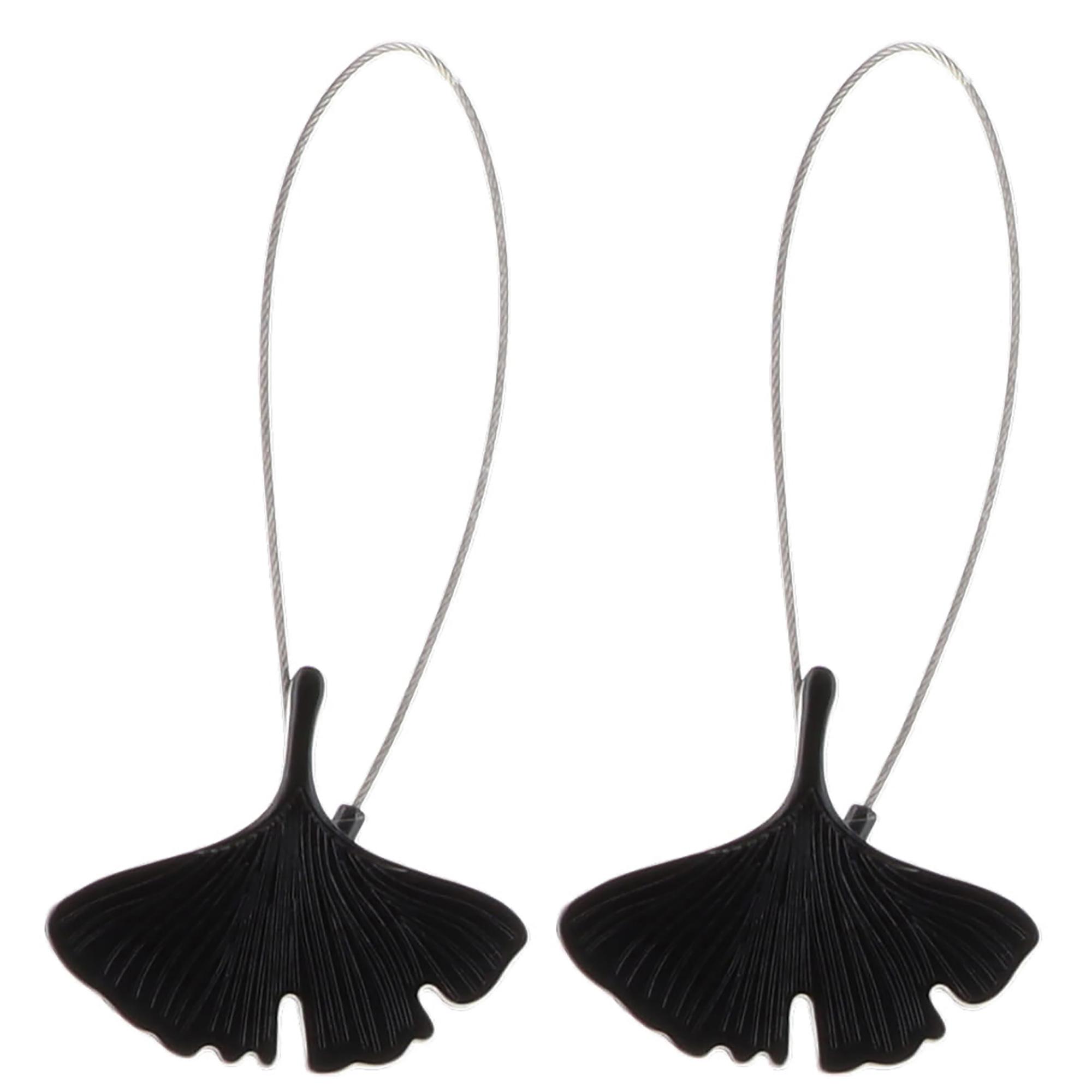 "Set of two black metal ginkgo leaf magnetic curtain tiebacks with steel wire loops, isolated on white background"