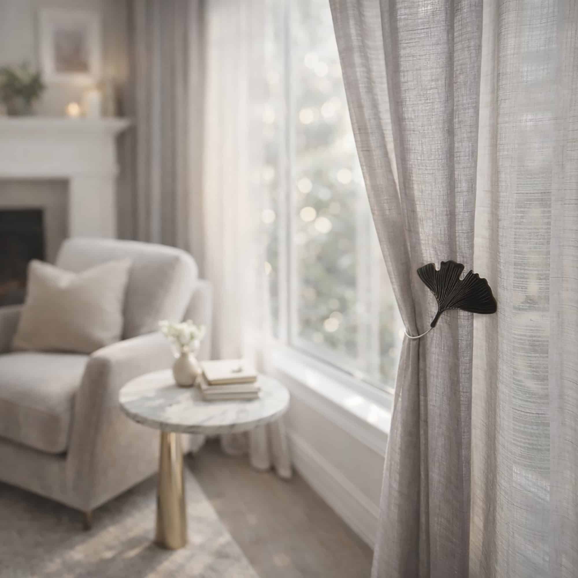 "Black ginkgo leaf magnetic curtain tieback on grey linen drapes in an elegant living room"