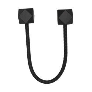 Black braided faux leather curtain tieback with geometric wooden tips, product shot on white background