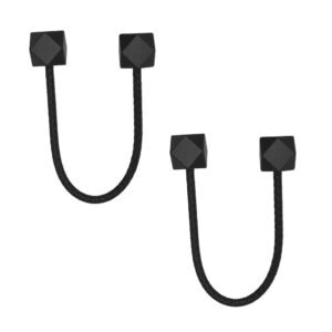 Black braided faux leather curtain tiebacks with geometric wooden tips, product shot on white background