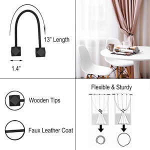 Product infographic showing 13" length, 1.4" tip size, wooden tips, faux leather cord, and flexible usage diagram