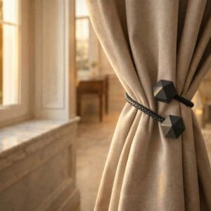 Black braided tieback with faceted wooden tips gathering a beige curtain in warm light