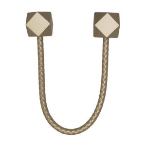 Gold braided faux leather curtain tieback with geometric wooden tips, product shot on white background