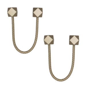Gold braided faux leather curtain tiebacks with geometric wooden tips, product shot on white background
